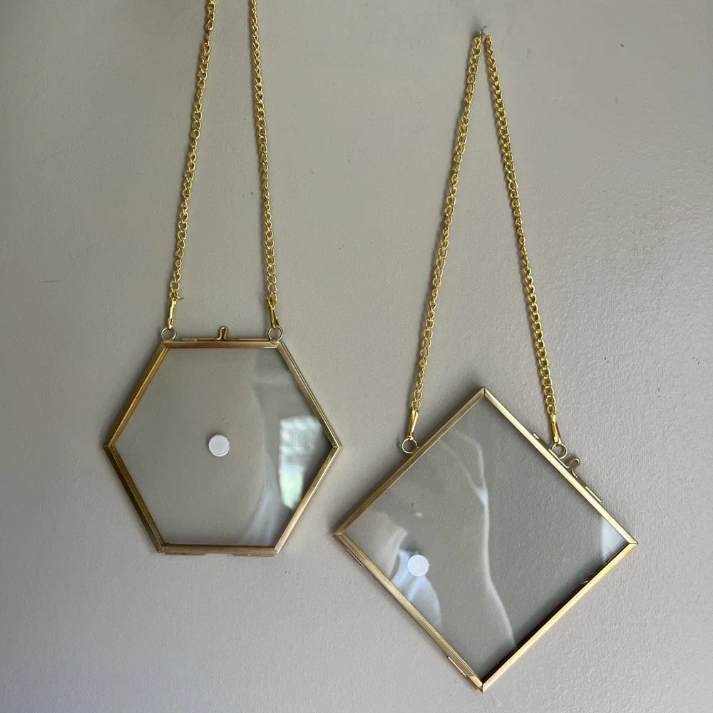 Metal Hinged Floating Frames Pressed Flowers Lot Of 2 Gold Tone Hexagon Diamond